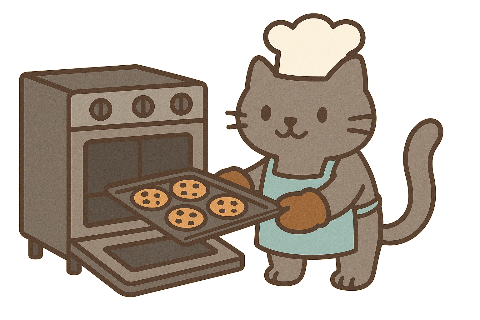 Cat cook putting tray into the oven